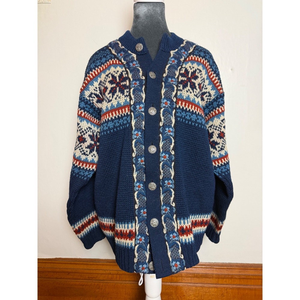 Vintage Fjord Norwegian Wool Cardigan sweater Nordic fair isle rustic cabin LG